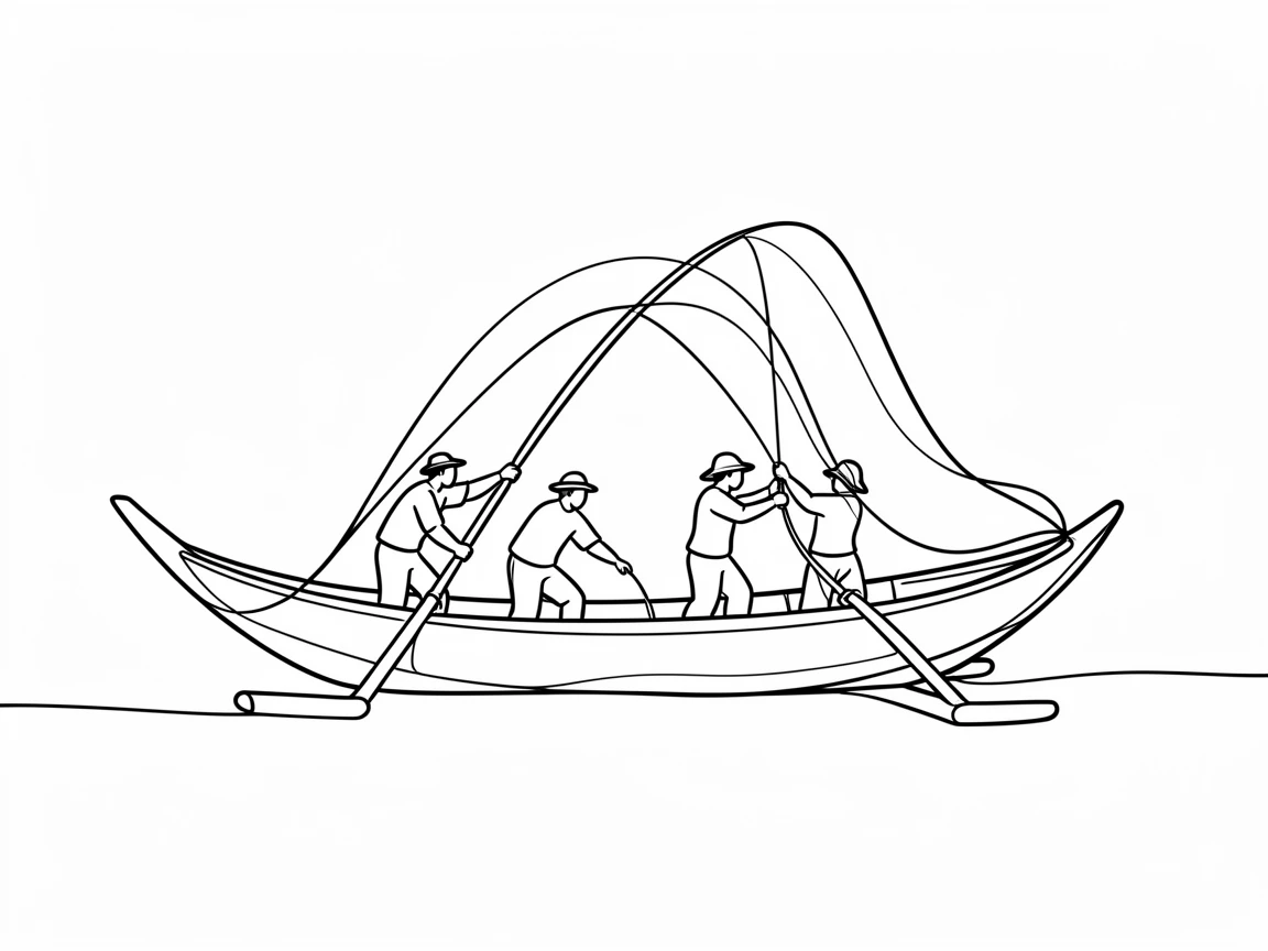A group of Filipino fishermen casting nets from a bangka boat