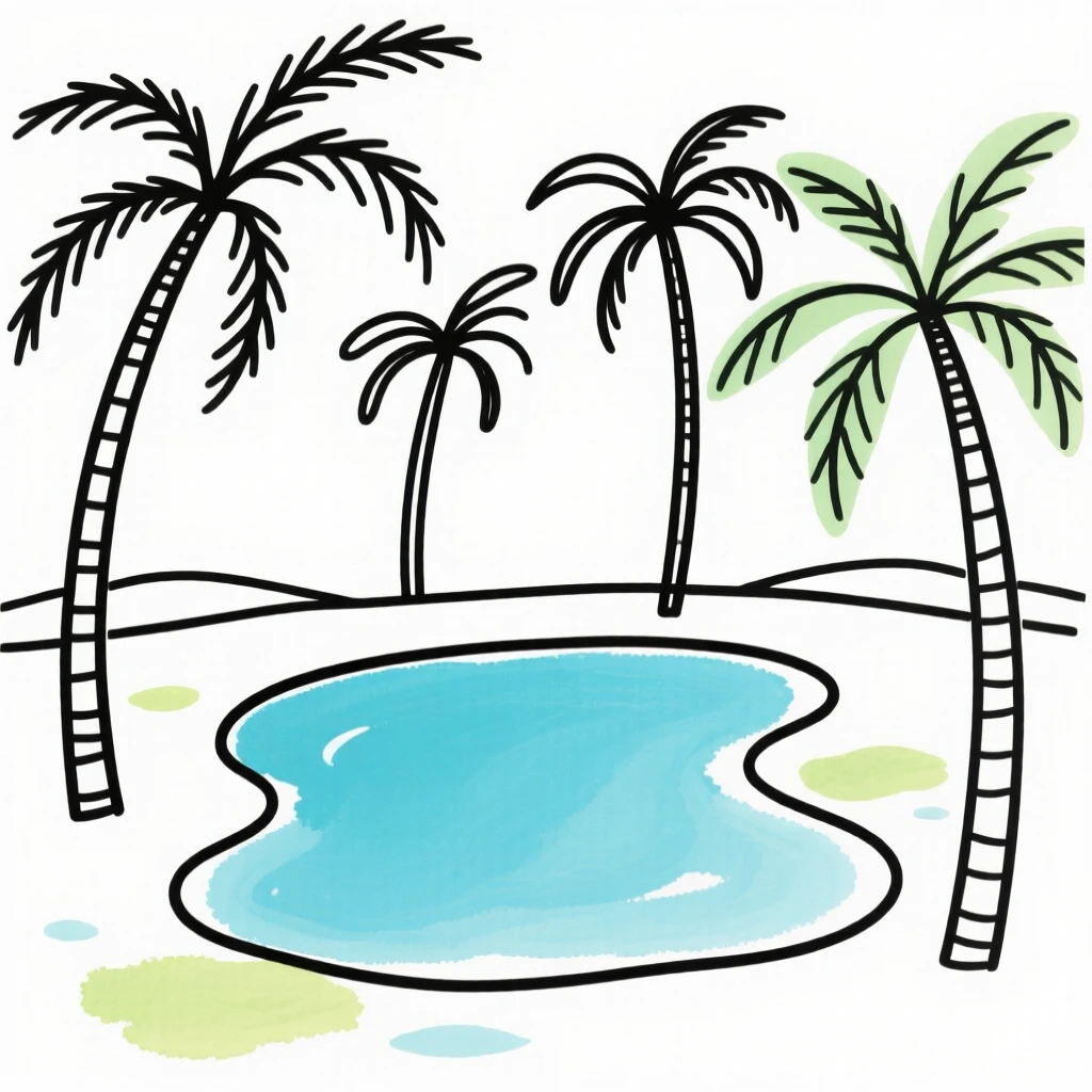 An oasis surrounded by palm trees
