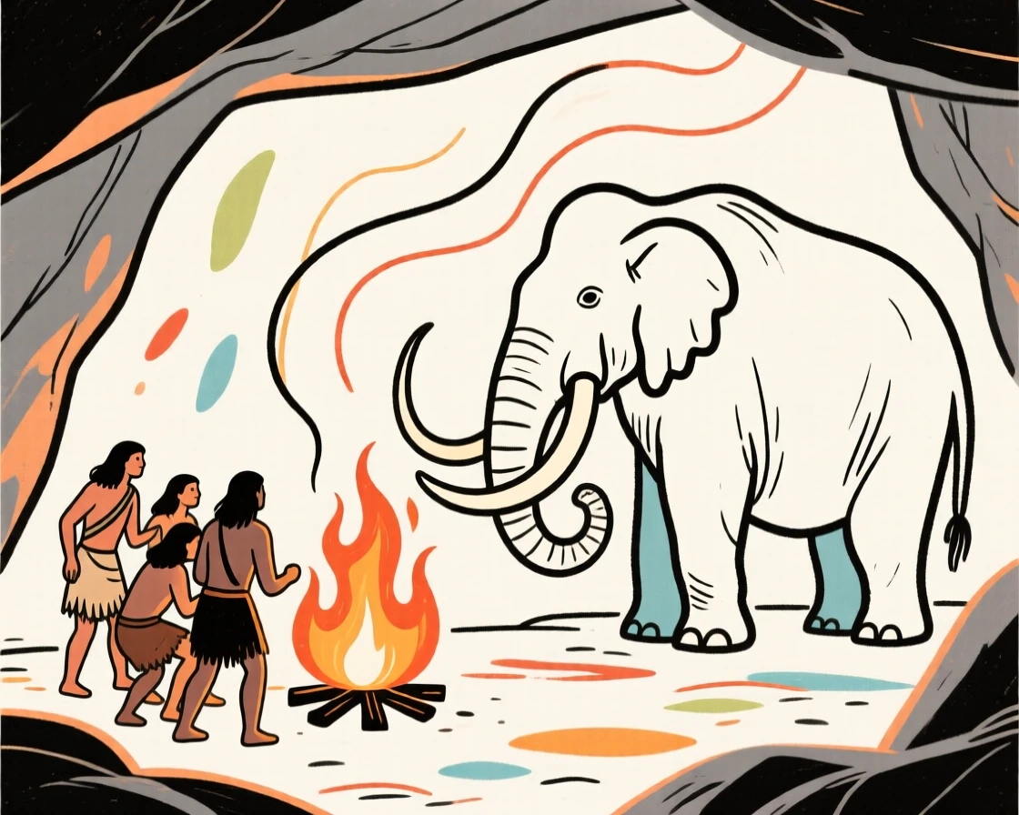 A cave painting scene showing early humans near a roaring fire with mammoths nearby.