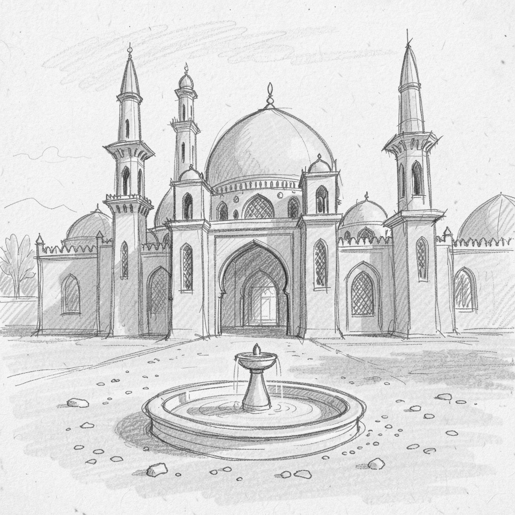 A stunning view of a sprawling desert palace bathed in warm afternoon light, with a quiet fountain at its center.