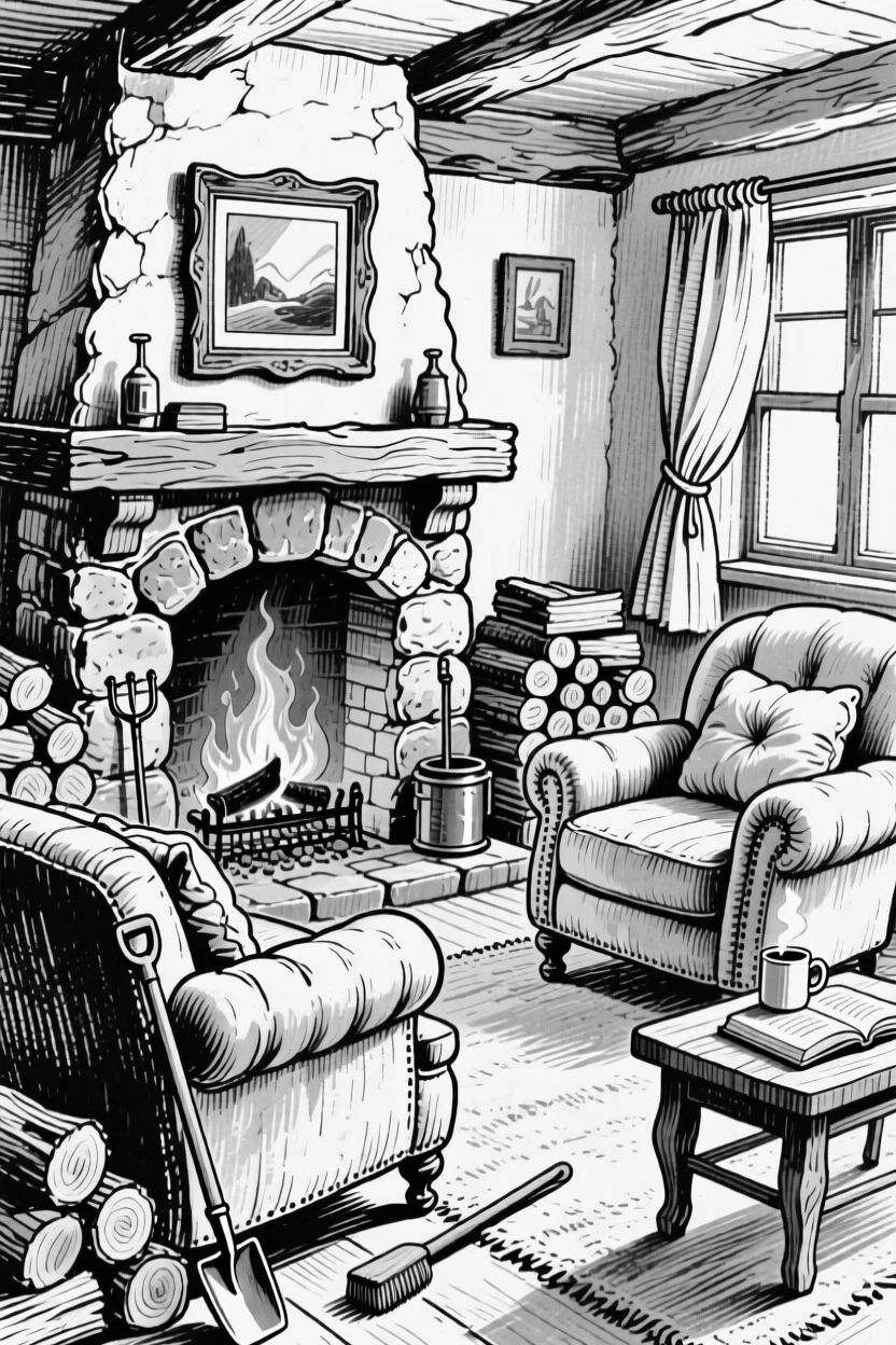 A cozy cottage living room with a crackling fireplace and overstuffed armchairs.