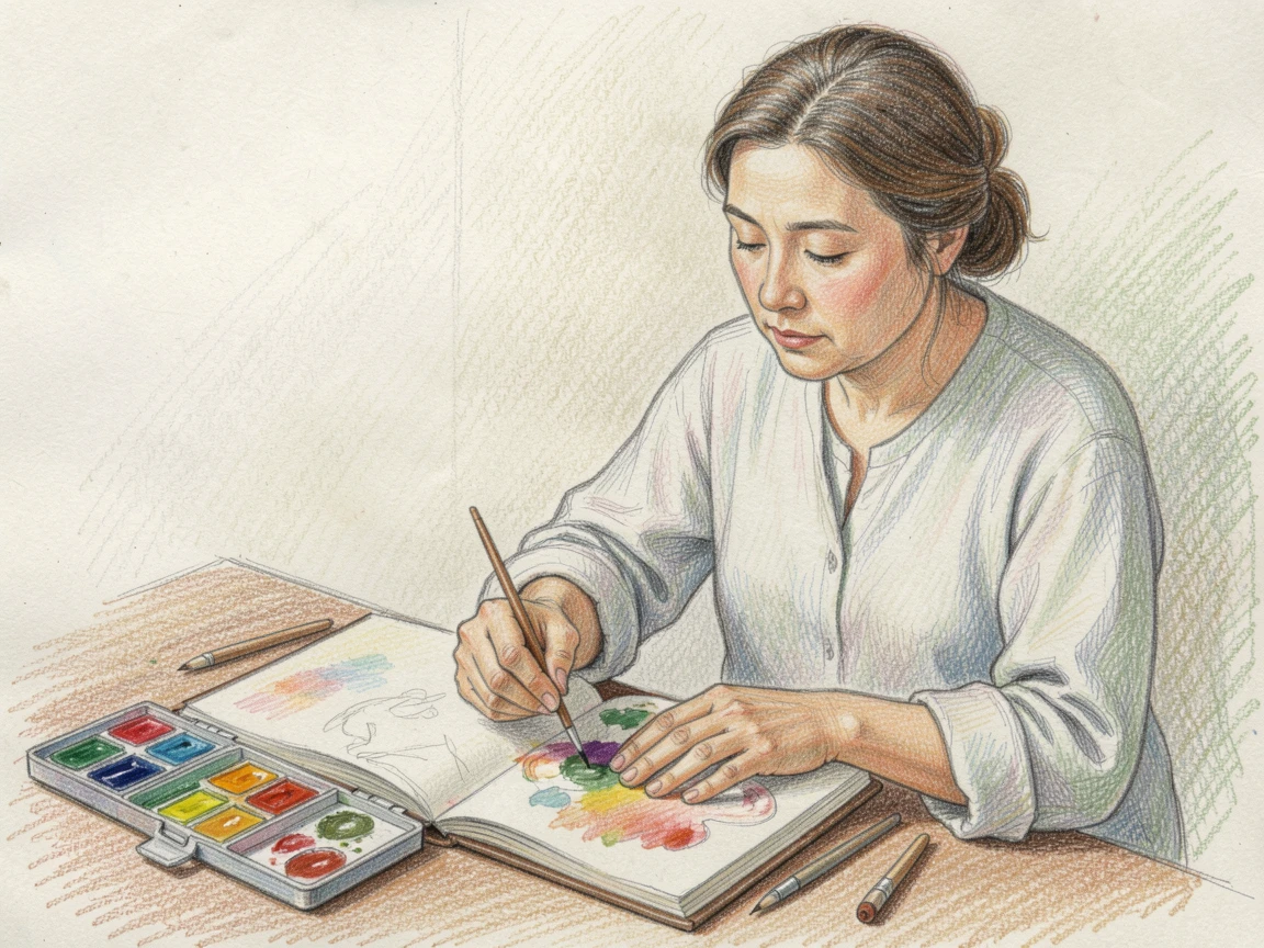 A painter mixing watercolors beside an open sketchbook, with a calm, focused atmosphere throughout, evoking mindfulness, patience, and simple contentment.