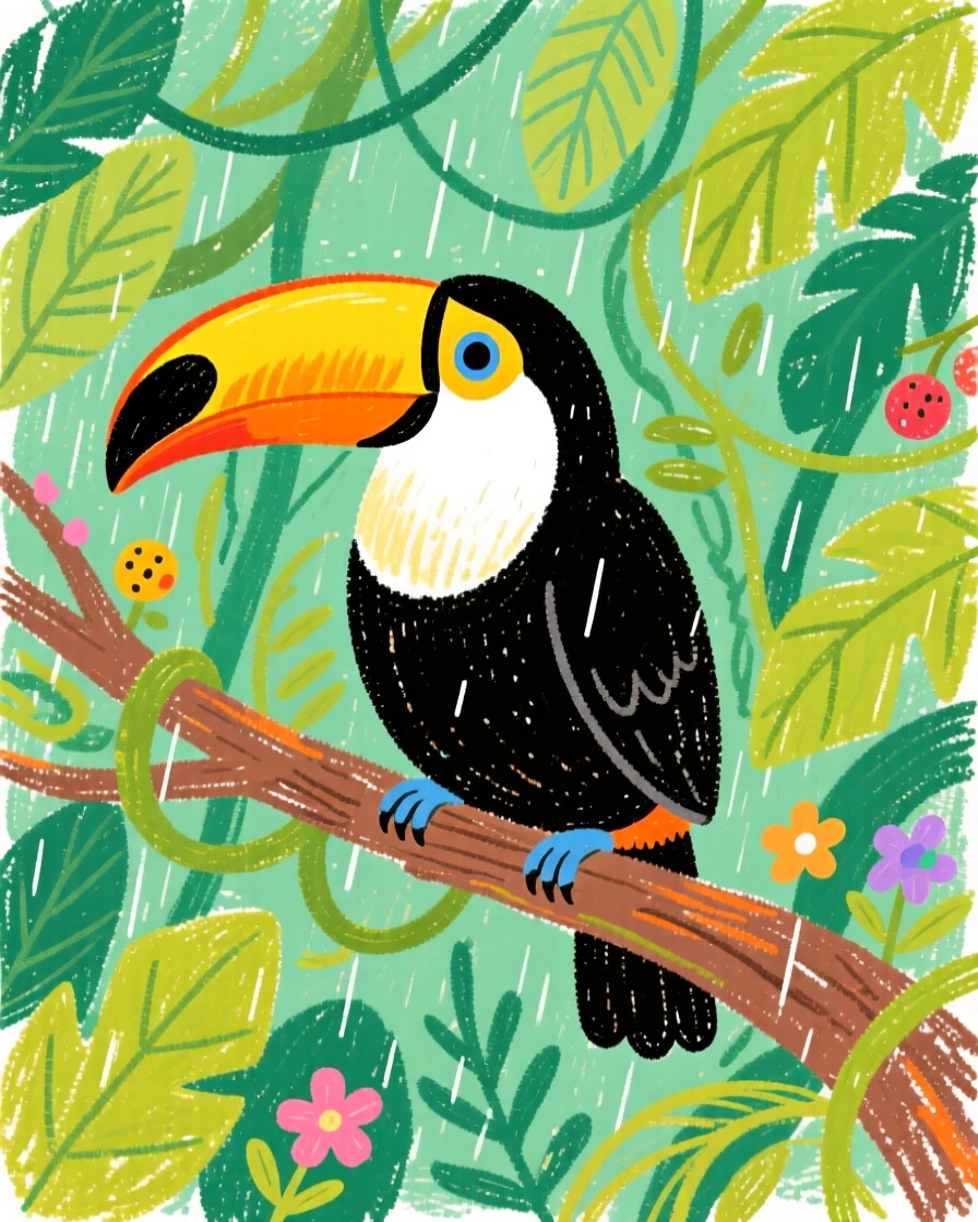A toucan resting on a branch deep in a rainforest canopy.