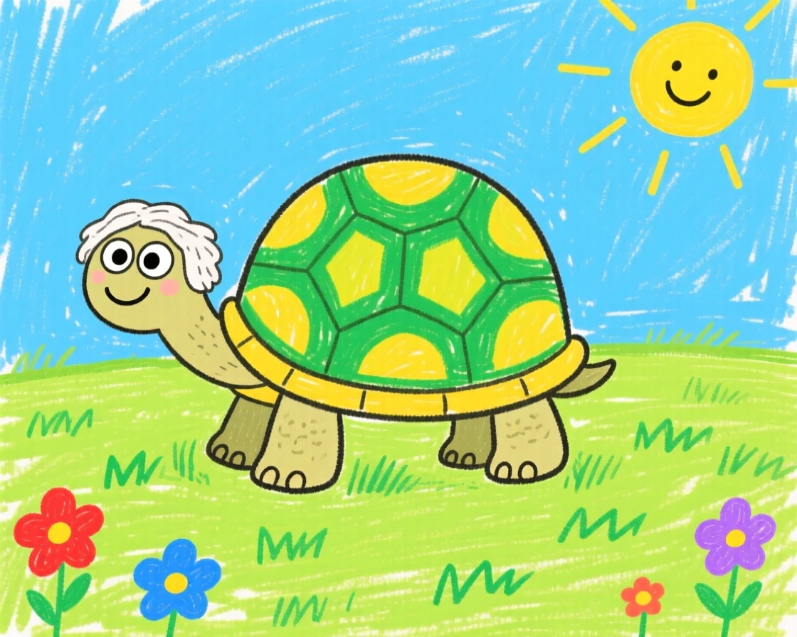 A wise old tortoise on a wide open grassy plain.