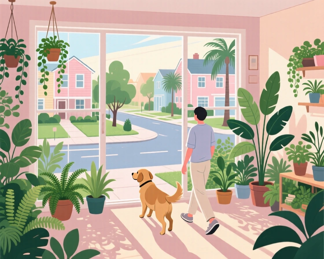 A morning walk with a dog through a quiet neighborhood, set within a plant-filled room bursting with greenery, shown from a slightly elevated angle for a cozy overview, with gentle pastel tones evoking calm and comfort.