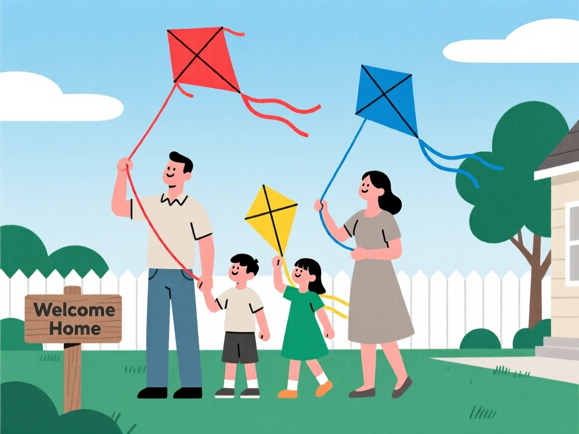 A family flying kites together at home.