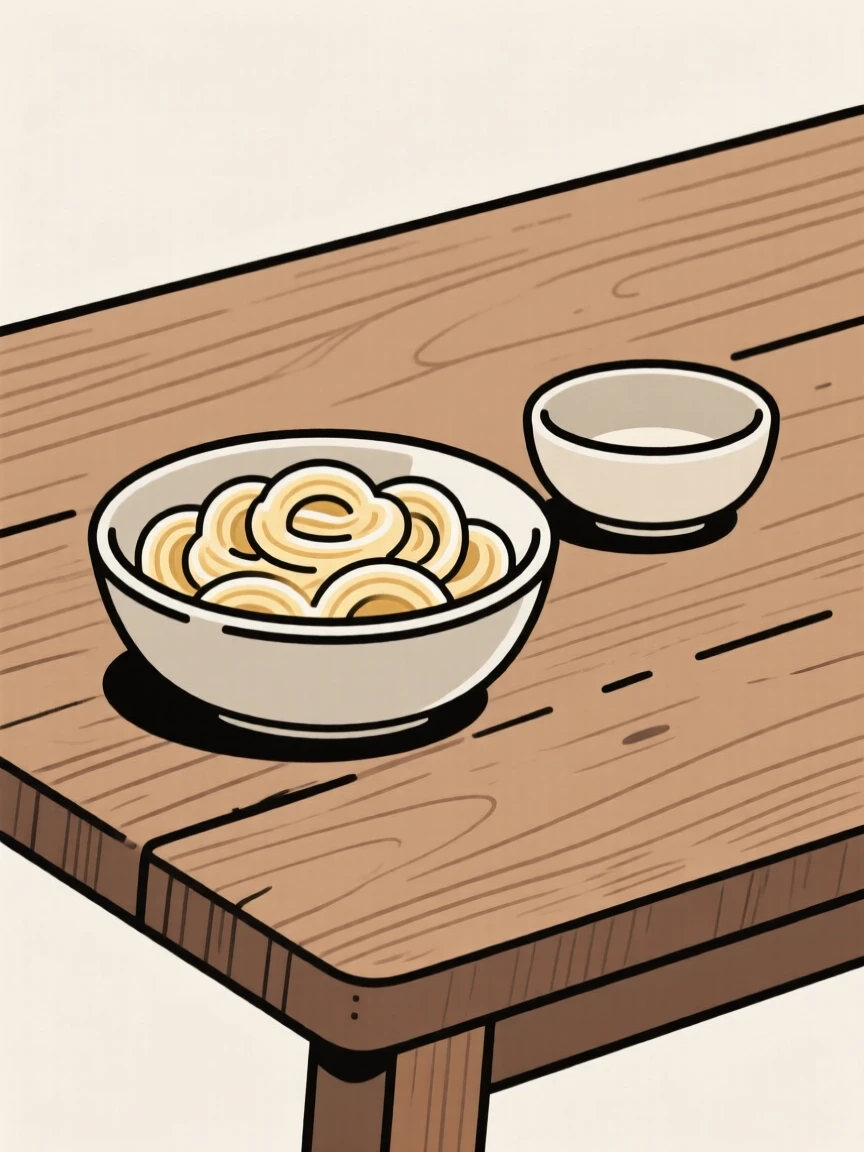 A homemade bowl of creamy pasta cooling near a small ceramic bowl on a rustic wooden table, expressing cozy indulgence.