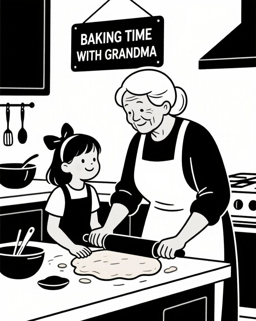 A grandmother teaching her granddaughter to bake.
