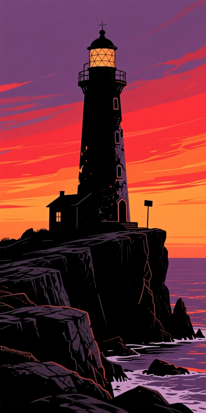 A weathered lighthouse standing alone at the tip of a rocky peninsula.