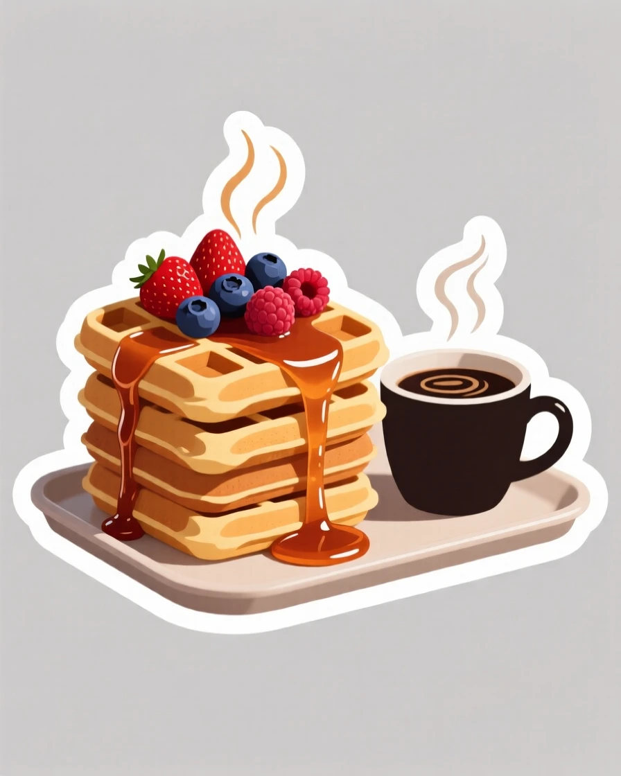 A cozy and comforting stack of waffles with berries and syrup, with steam gently rising, on a tray beside a cup of coffee.