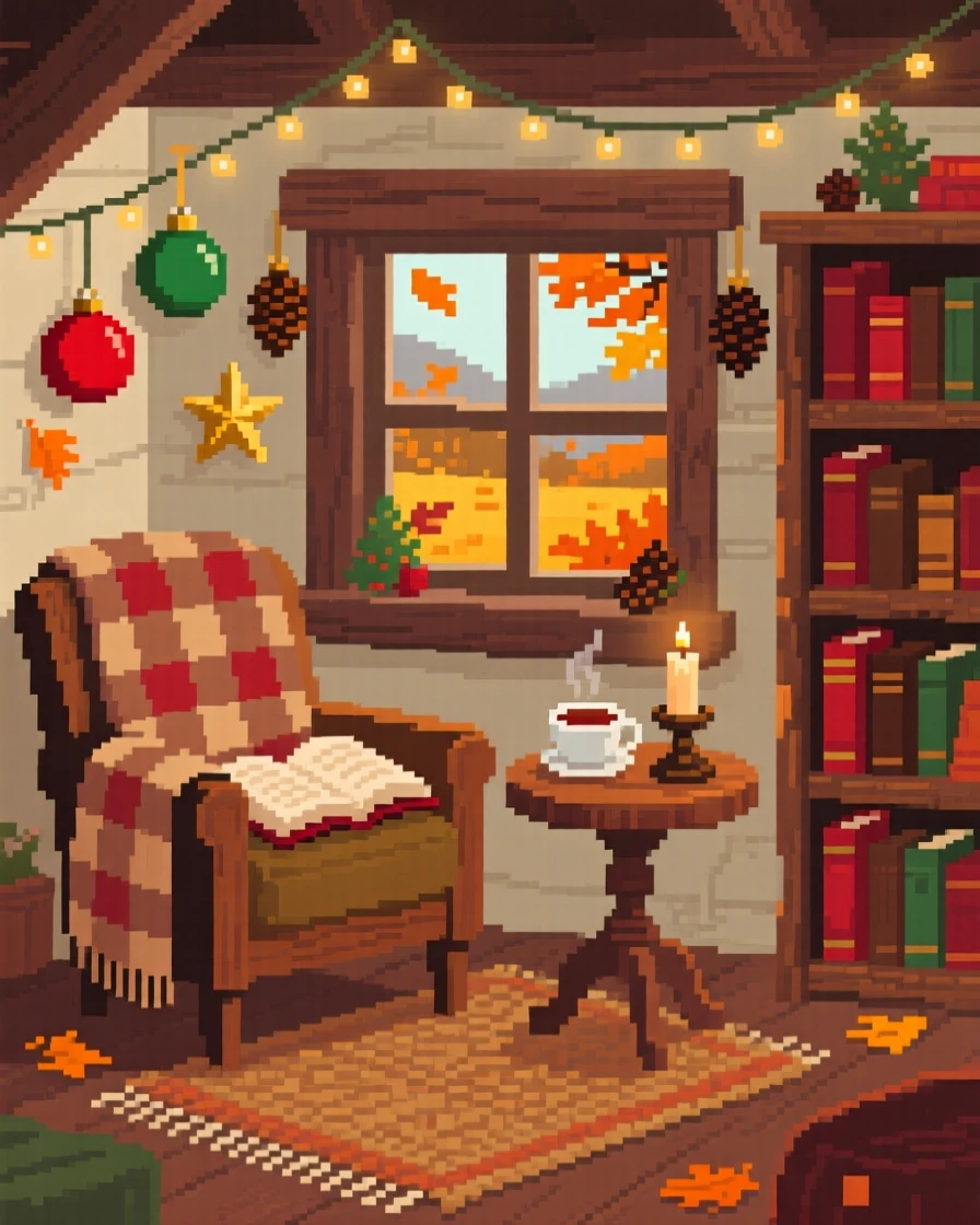 A small reading nook decorated for the holidays with tiny ornaments, in a countryside cottage during autumn.