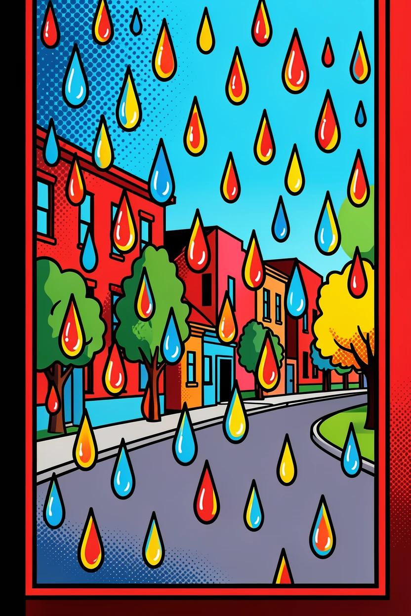 Raindrops trickling down a window overlooking a quiet street