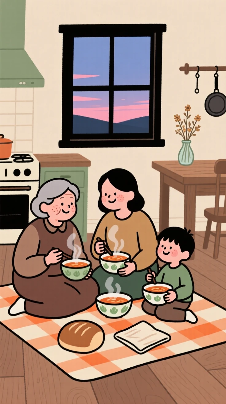 Three generations of a family gather around a picnic blanket in the farmhouse kitchen, sharing steaming bowls of soup and stories as evening settles in outside.