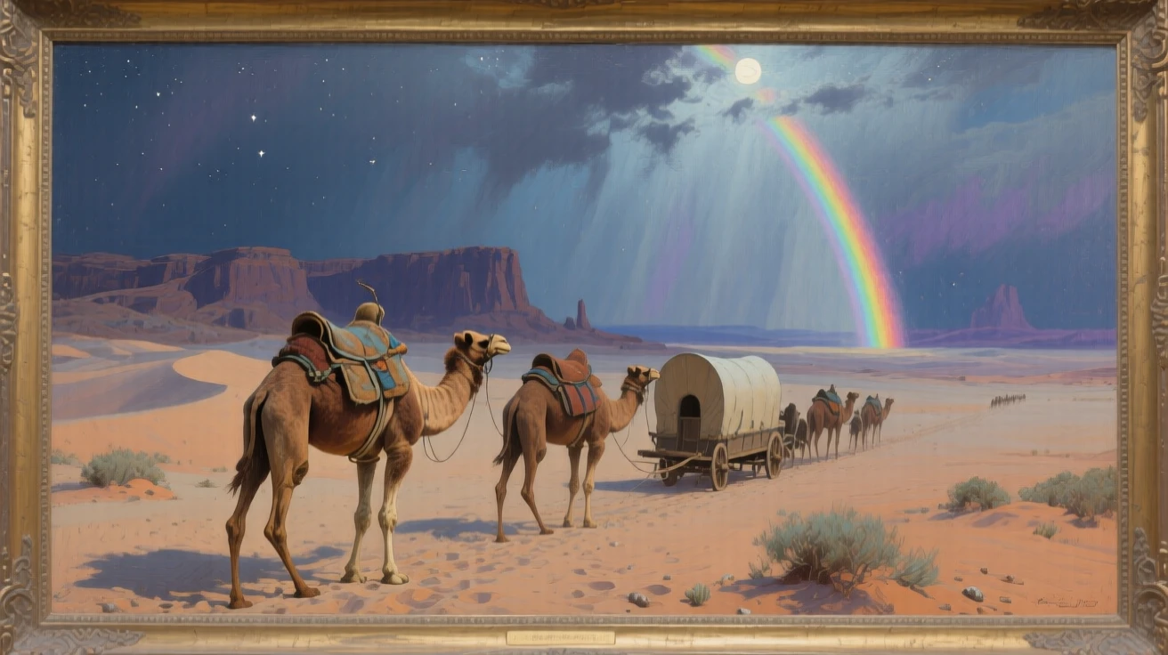 A well-framed scene of a caravan of camels crossing a vast desert under a blazing sun, on the American frontier, under the night sky, under a rainbow after a storm.