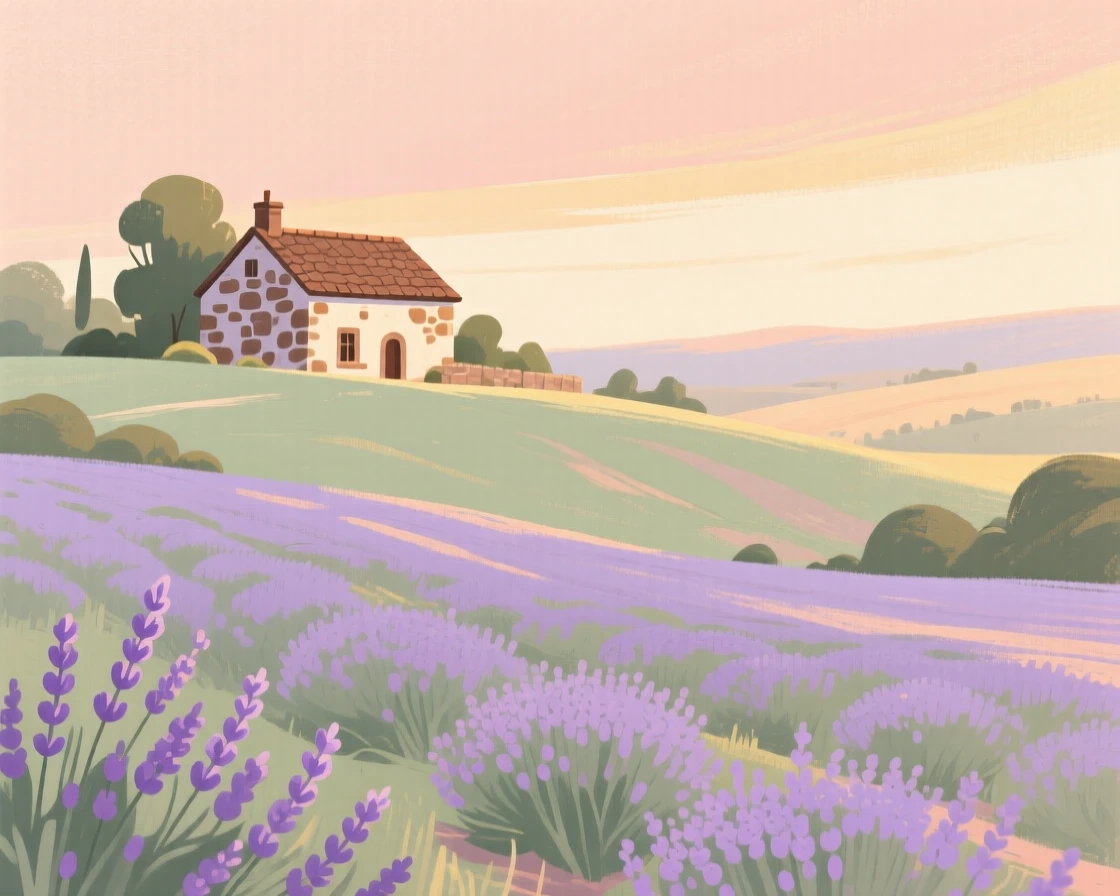 Rolling lavender fields stretching toward a distant stone farmhouse