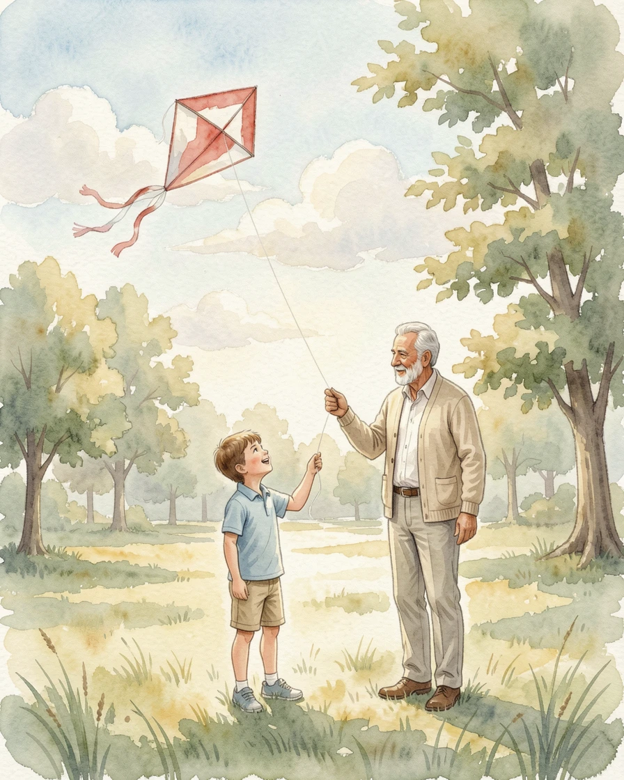A grandfather and grandson flying a kite in the park with a gentle breeze and soft afternoon light.