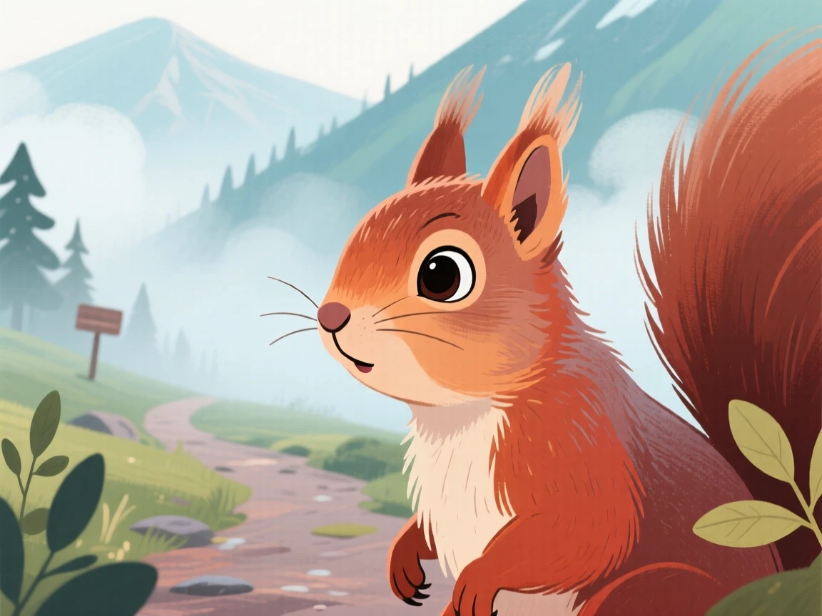 A close-up portrait of a curious squirrel in a misty mountain trail.