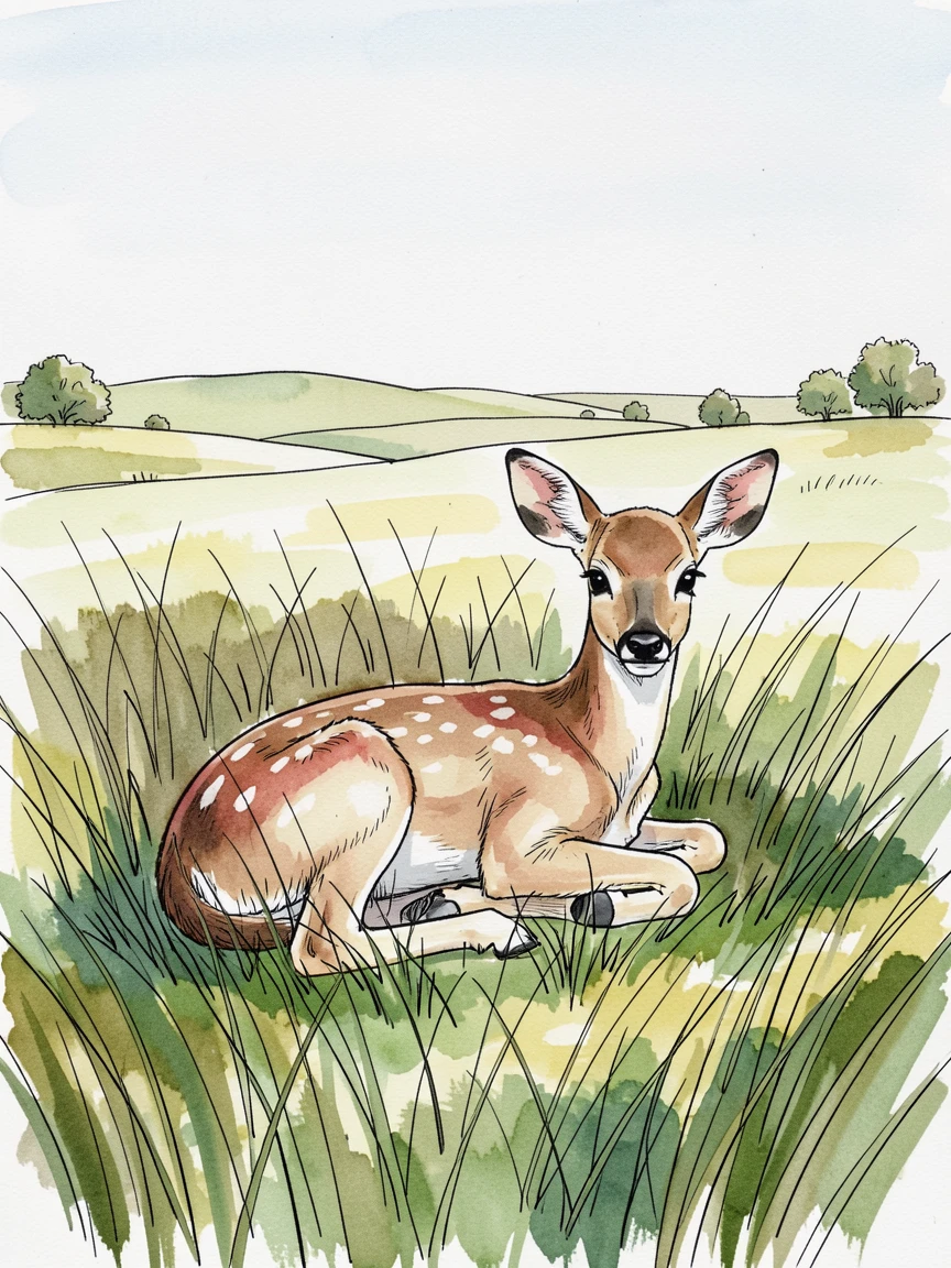 A young fawn resting quietly in tall grass, barely visible in the dappled light, the surrounding landscape stretching wide and open behind them.