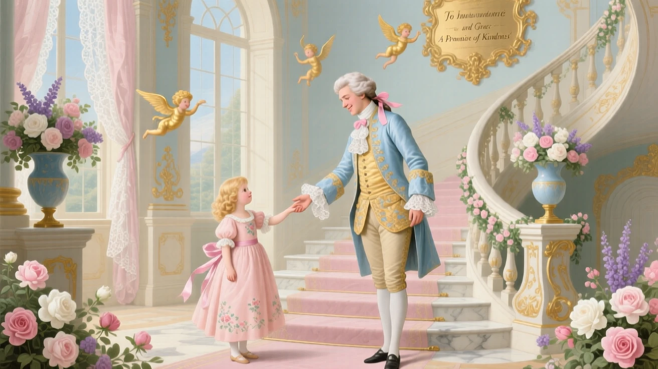 A prince offering his hand to a child on a grand staircase  