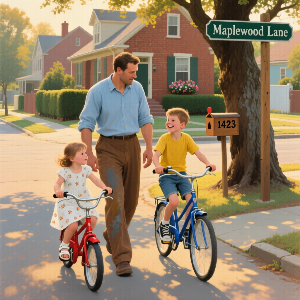 A father teaching his kids to ride bikes down a quiet suburban street, with warm, inviting colors throughout the scene, capturing an everyday moment that feels timeless and precious