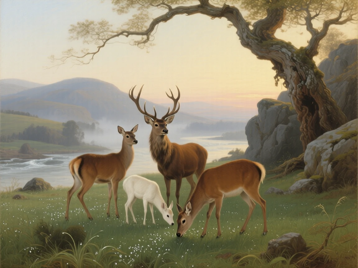 A family of deer grazing quietly in a dew-covered meadow at dawn captured in a moment of wild grace and quiet power, set beside a rushing river cutting through ancient hills, with feathers, fur, or manes catching the light in fine, luminous detail; strong natural framing from branches or rock formations draws the eye inward, evoking wonder, majesty, and reverence for the natural world.