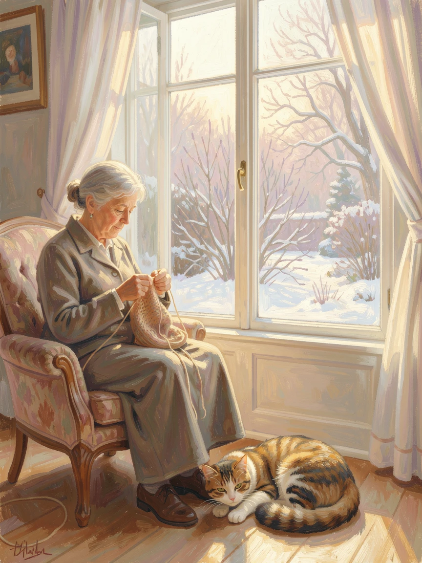 A grandmother knitting by a window overlooking a snow-covered garden, a cat curled at her feet.
