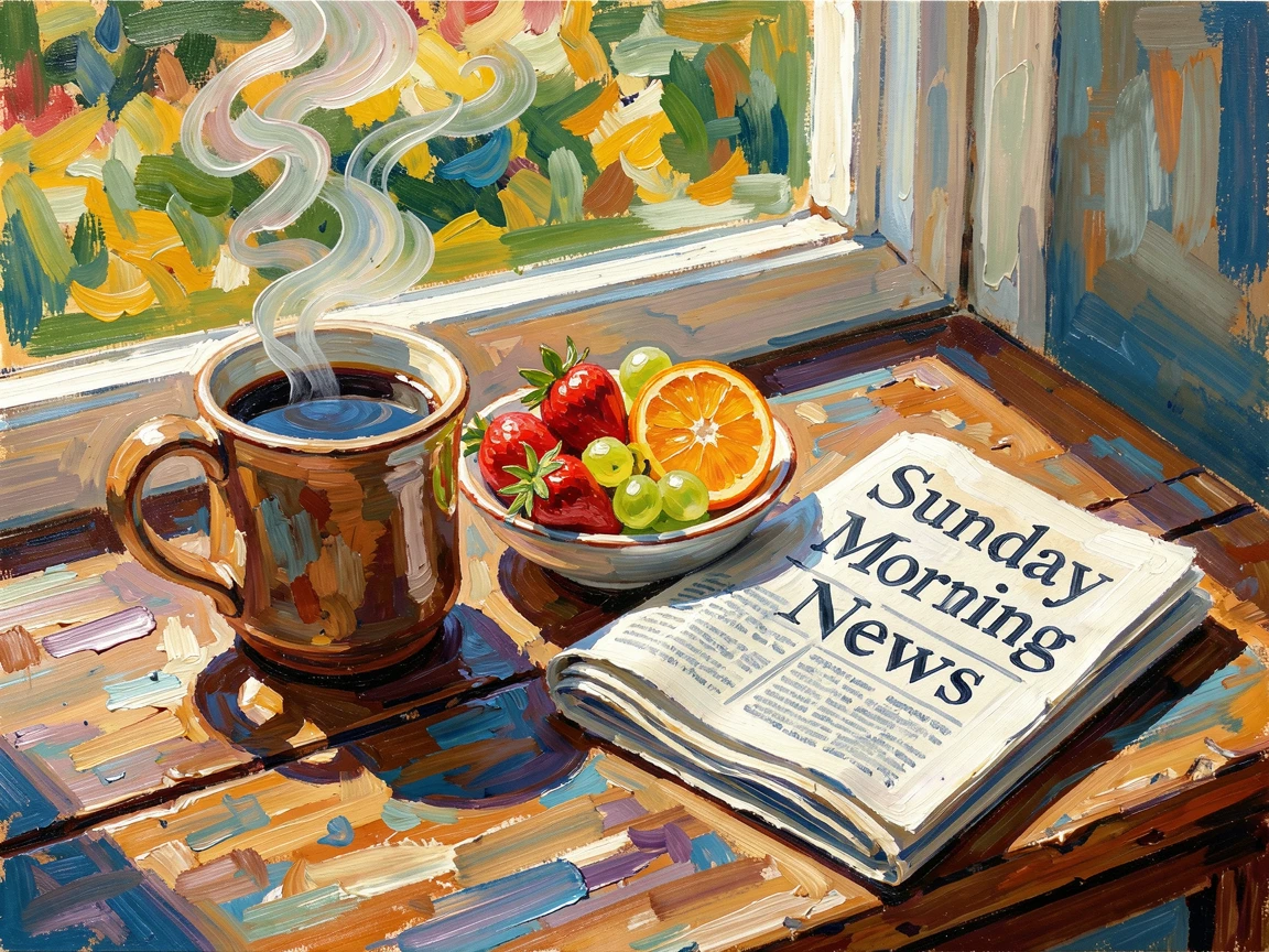 A quiet Sunday morning breakfast table with coffee, fresh fruit, and a newspaper.