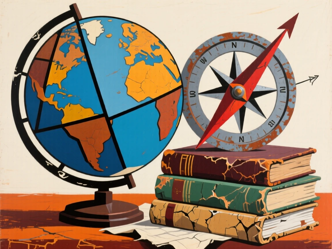 An antique globe beside a compass and a stack of worn travel journals.