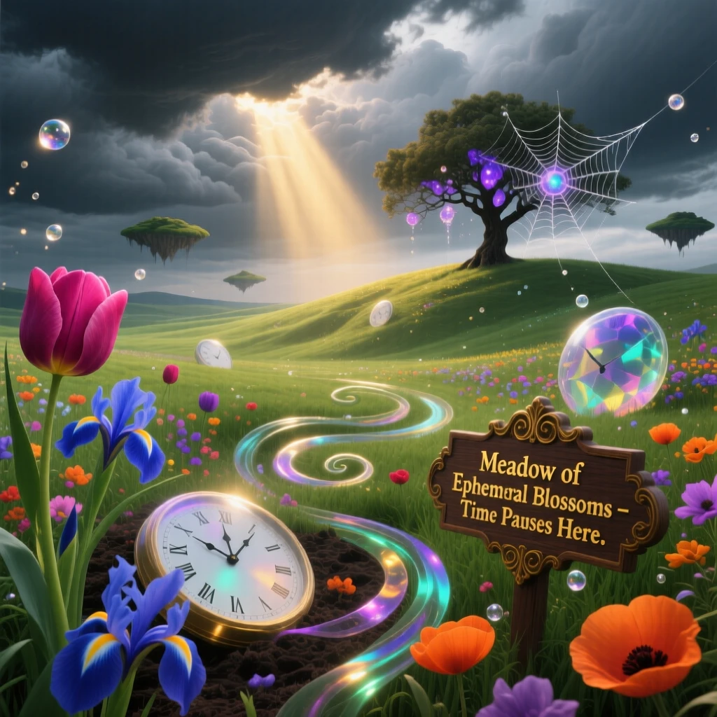 A spring meadow where flowers bloom and wilt within seconds settles quietly over a wide, empty countryside, as soft light breaks unexpectedly through heavy clouds.