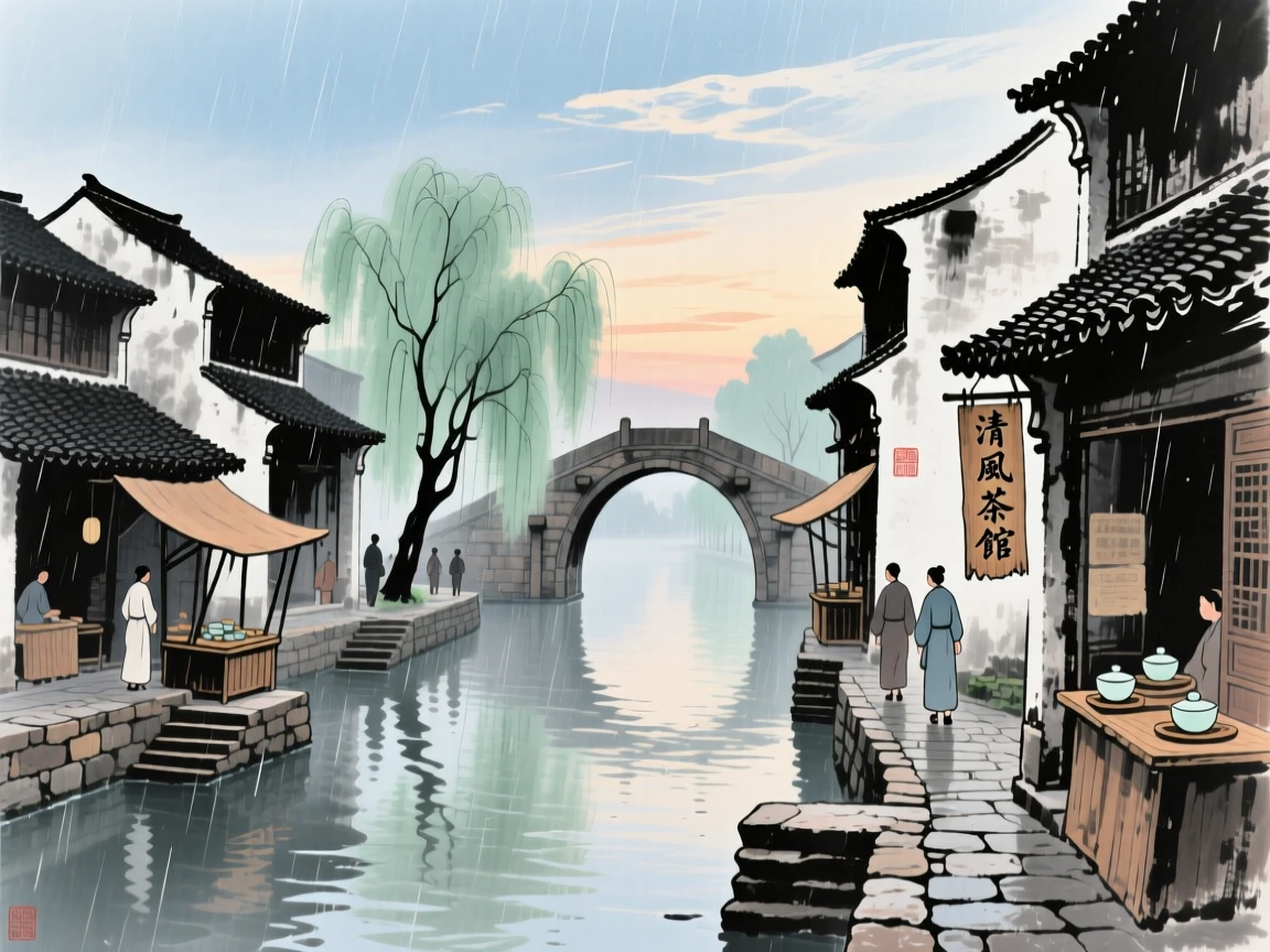 An ancient market town bustling quietly along a canal at dawn, just after a rain shower, under a sky streaked with clouds.