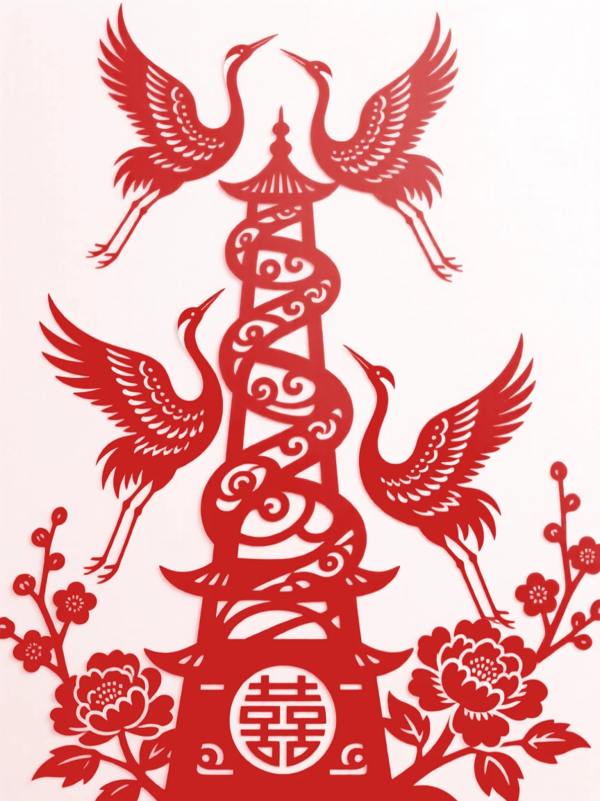 A tower of interlocking paper cranes spiraling into the sky, each bird glowing faintly from within