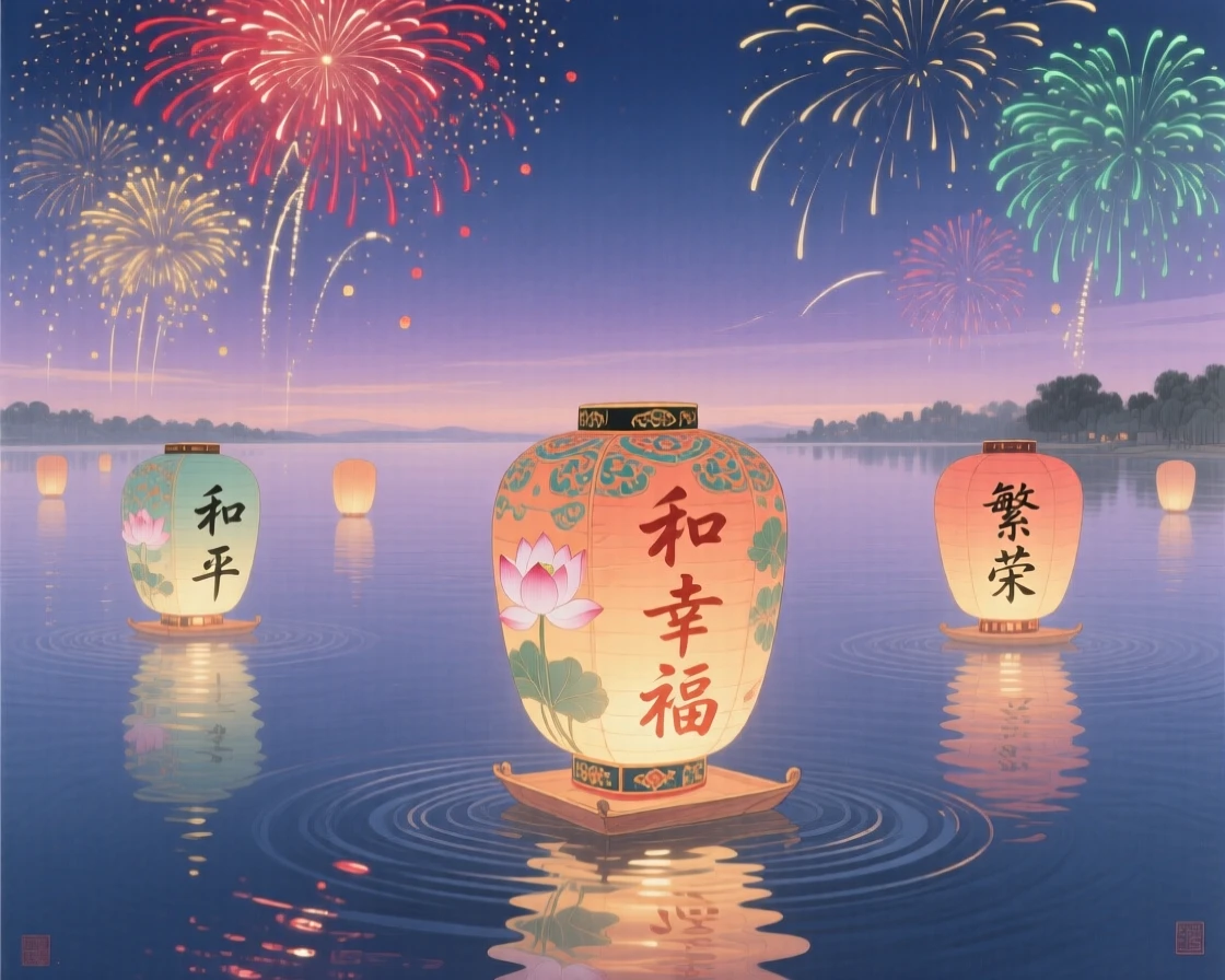 A floating lantern ceremony on a still lake at twilight, under a sky filled with drifting fireworks