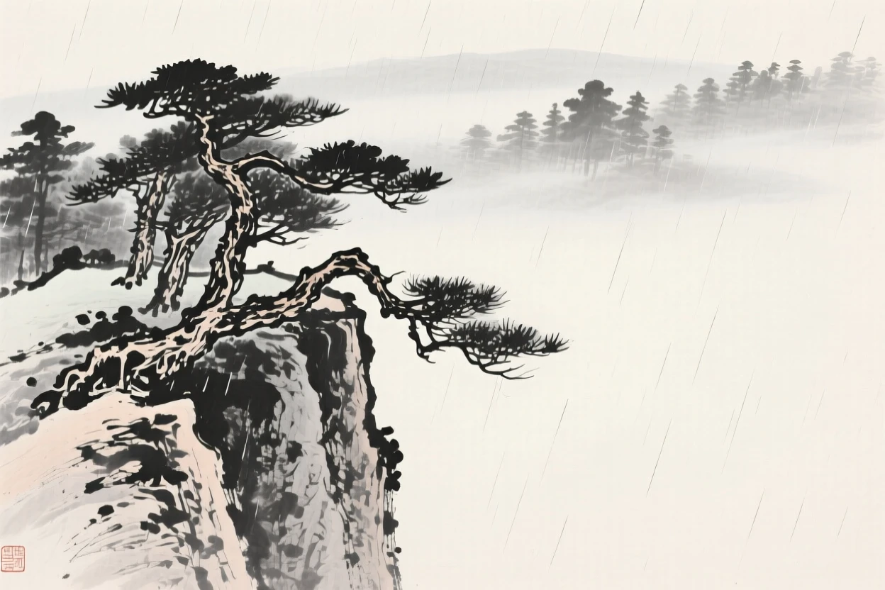 A cluster of weathered pines clinging to a steep cliff face while a light rain blurs the distant tree line, viewed from a high vantage point looking down across the whole scene, suggesting the quiet vastness of the natural world.