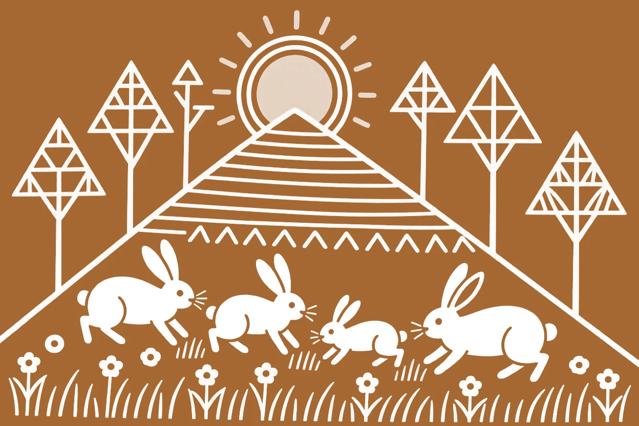 A family of rabbits grazing on a hillside at sunset.