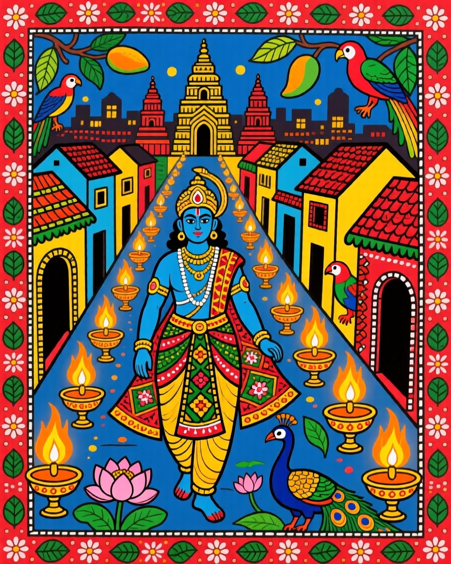 Rama returning home to a city lit with rows of oil lamps.