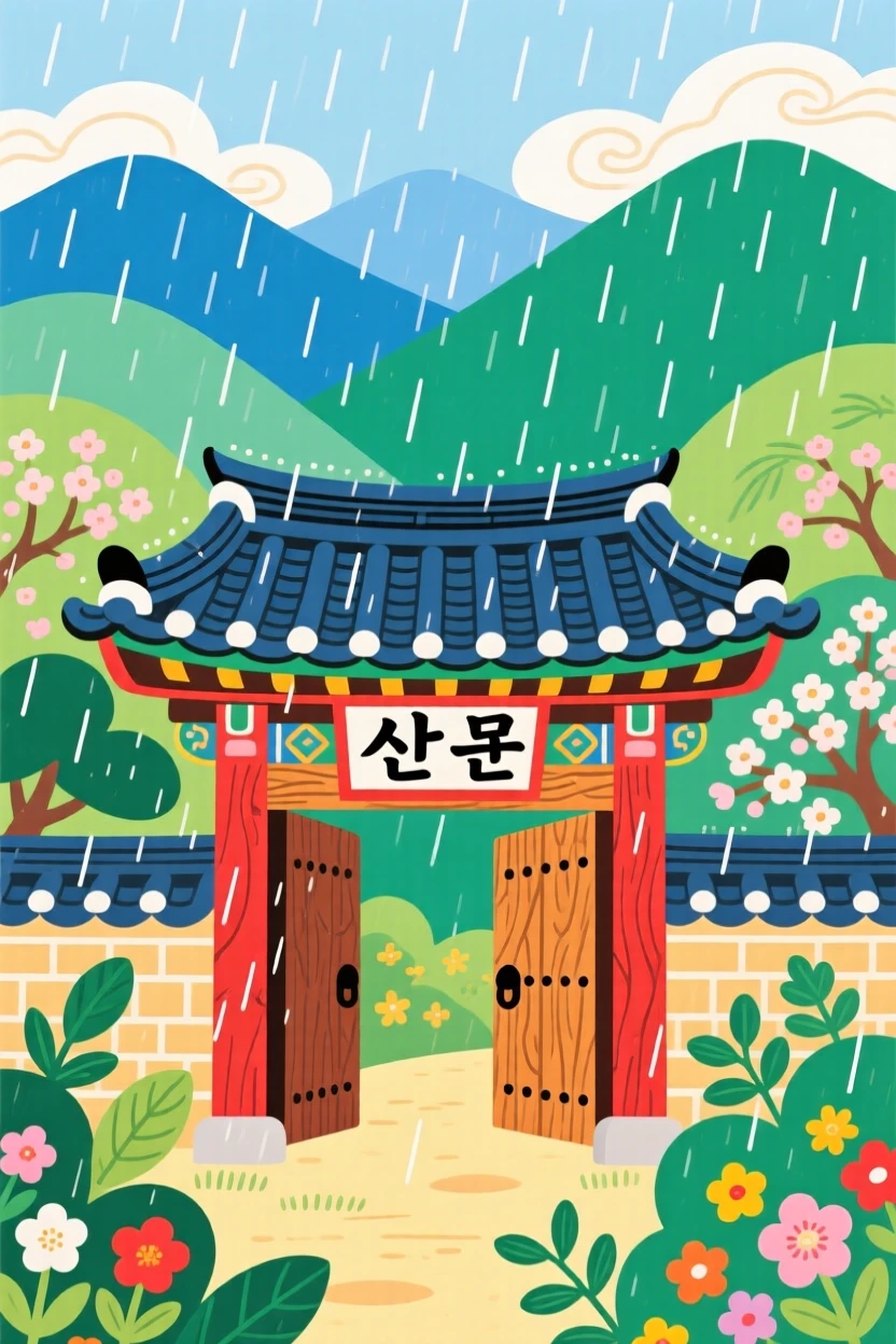 A view of a mountain temple gate, during a quiet spring rain.