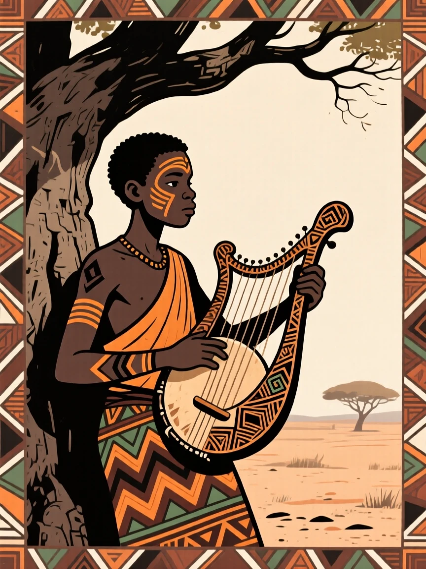 A young apprentice musician practicing beneath the shade of a tree.