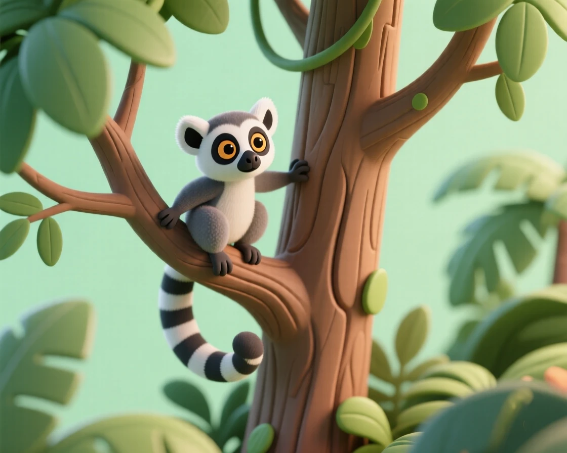 A curious lemur perched on a tree branch, its striped tail curled around the trunk, watching the jungle below with wide eyes.