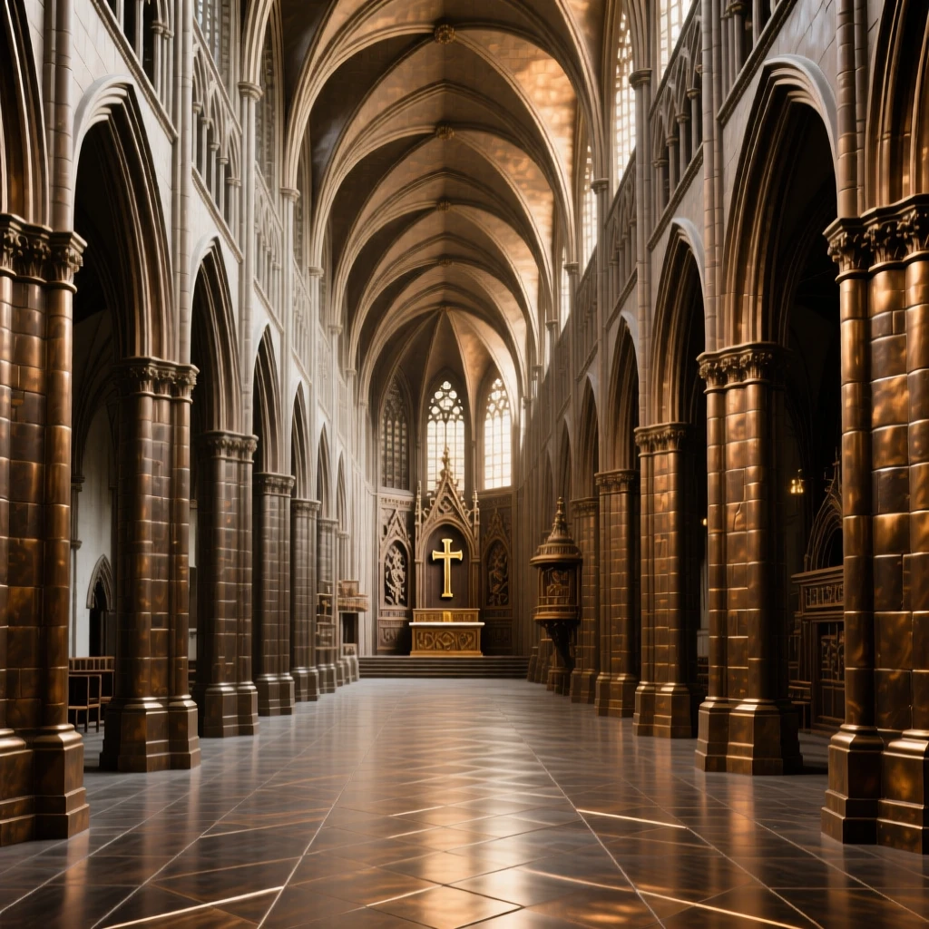 A grand cathedral nave stretching toward a distant altar, captured with dramatic, sweeping perspective, exuding timeless grandeur