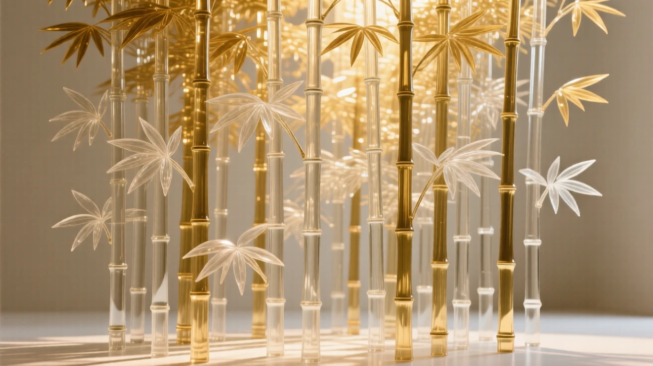 A dense bamboo forest with light filtering through, captured in soft golden light with layers of atmospheric depth, evoking peace and quiet grandeur.