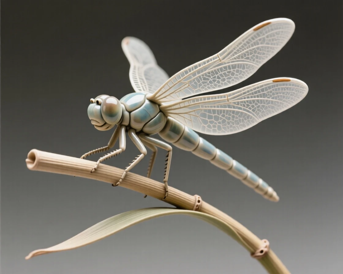 A dragonfly balanced on a slender reed captured mid-flight with wings fully spread, its wings dusted with delicate, intricate patterns, conveying effortless elegance in motion.