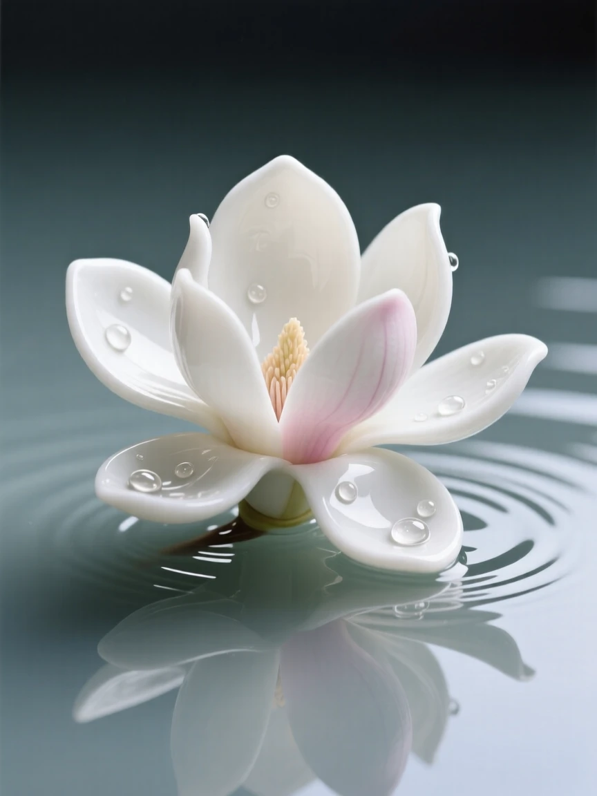 A single magnolia bloom floating on still water, dew drops resting delicately on its surface.