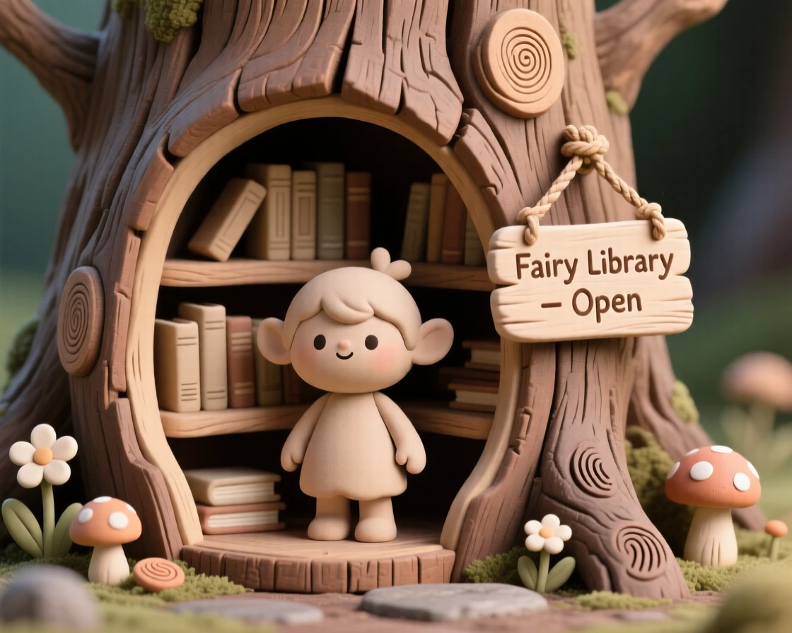 A tiny fairy library built into the hollow of an old tree stump