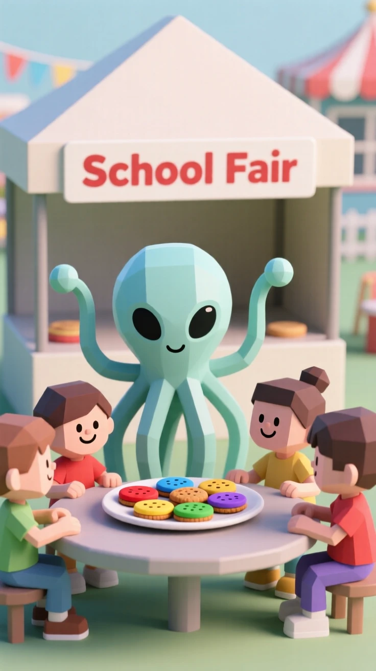 A friendly tentacled alien shares a plate of colorful cookies with delighted human children at a school fair.