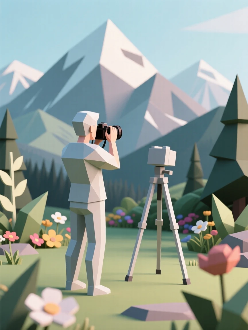 A photographer capturing a sweeping mountain vista, amid a quiet, colorful garden. a shallow depth of field keeps the action sharply in focus. The mood feels adventurous and free.