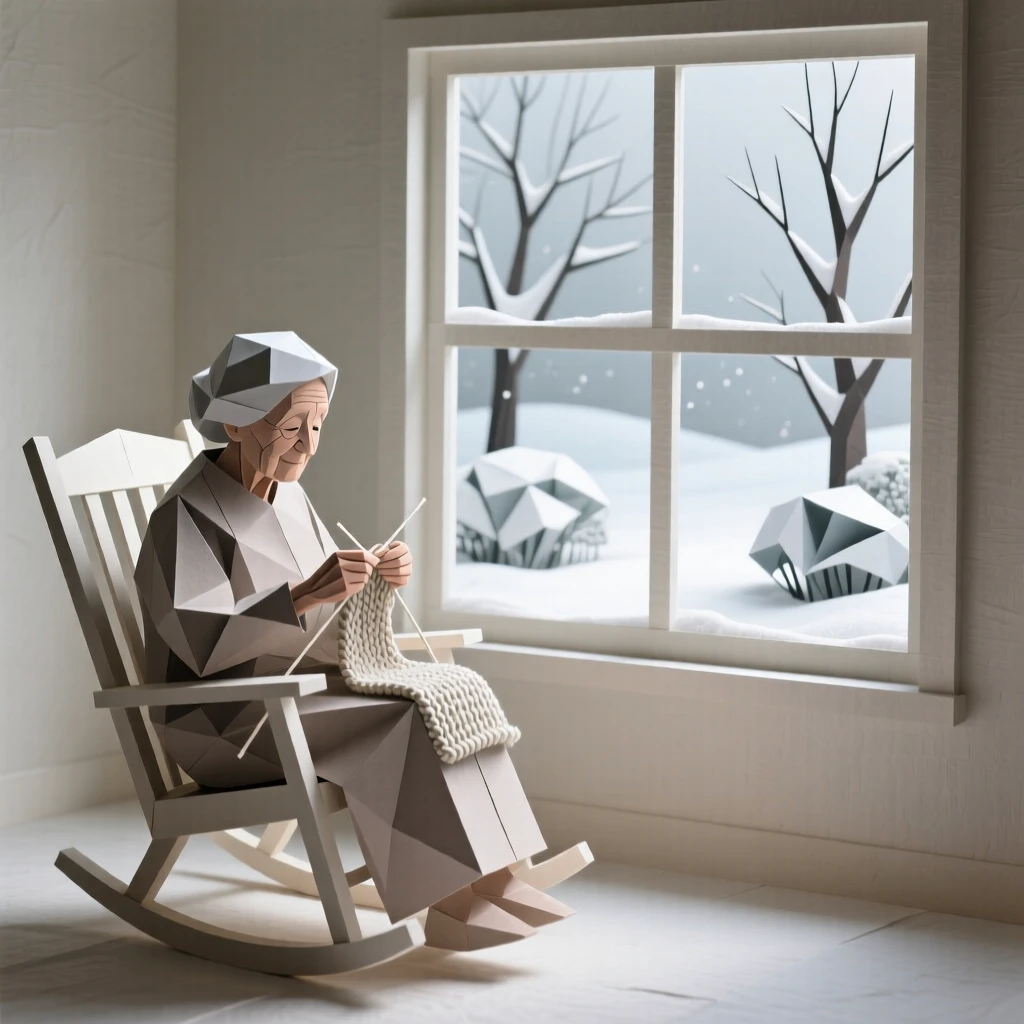 A grandmother knitting in a rocking chair beside a window overlooking a snowy garden.