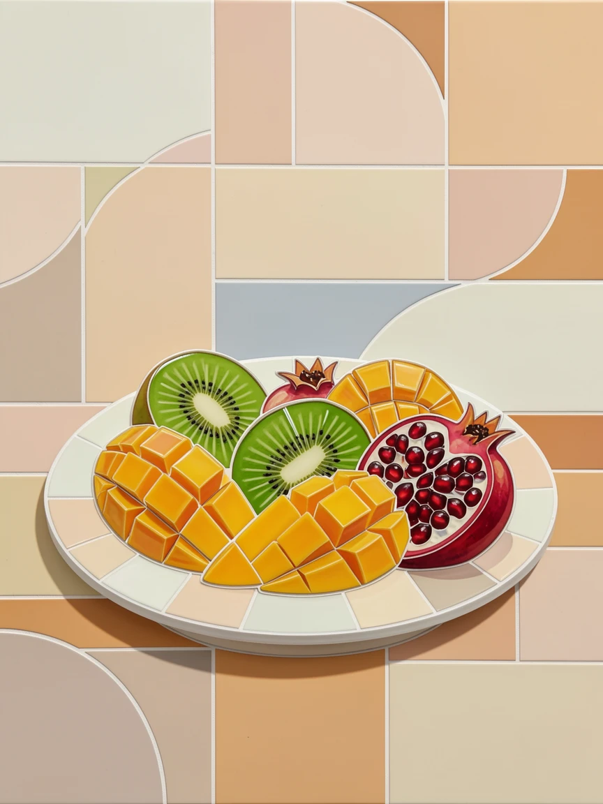 A vibrant fruit platter with mango, kiwi, and pomegranate arranged artfully.