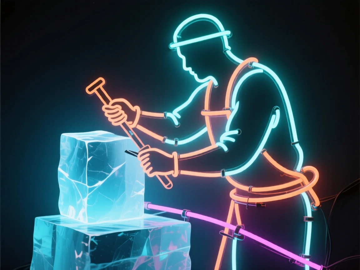 A ice sculptor captured mid-action during a quiet moment of work.