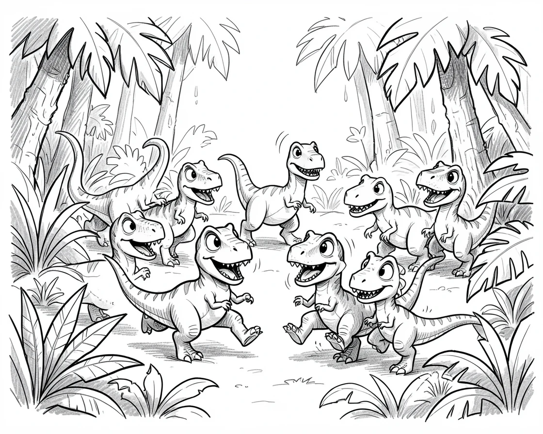 A pack of small dinosaurs playing in a prehistoric jungle clearing.