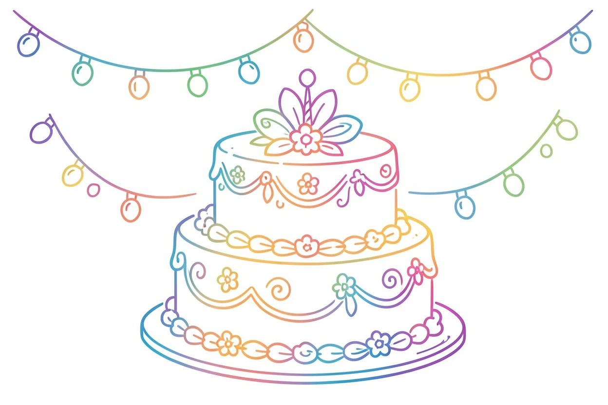 A quinceañera celebration with a decorated cake and twinkling string lights.